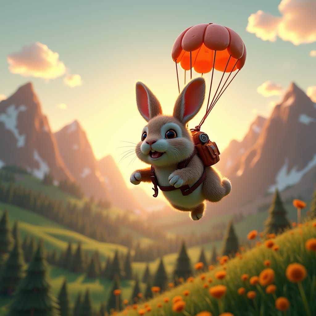 Rabbit Skydiving at Sunset in Lush Landscape