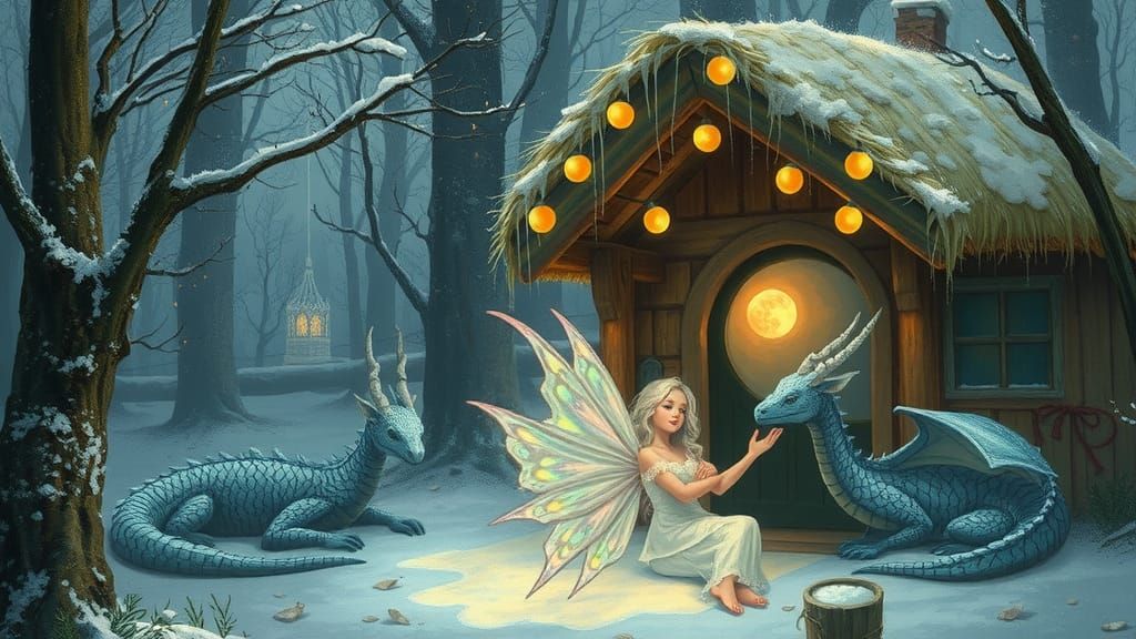 In the enchanted forest, wrapped in white,
Fairies and dragons slept well that night.
A Christmas magic settled serene,
Over their cottage,...