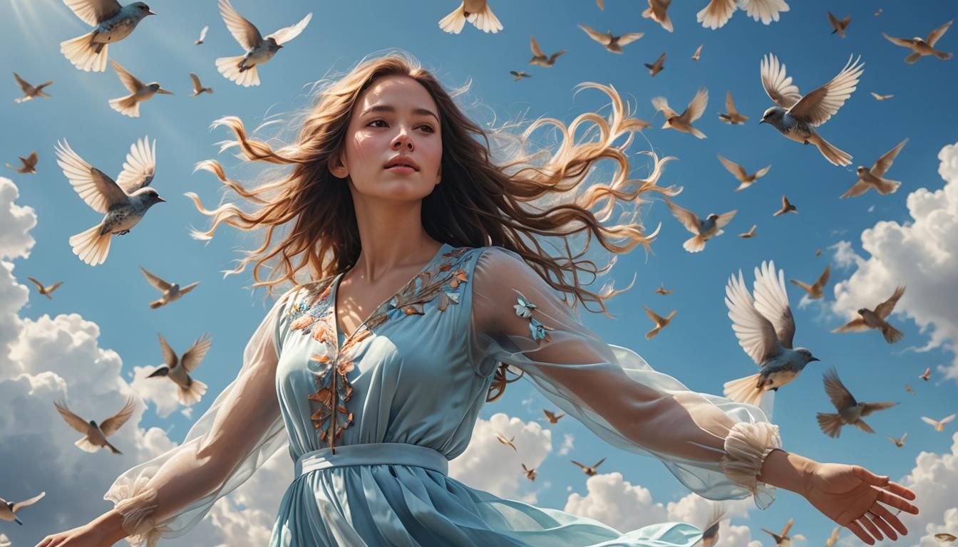 a woman gliding in the clear blue Sky with Songbirds 8K resolution beautiful photorealistic