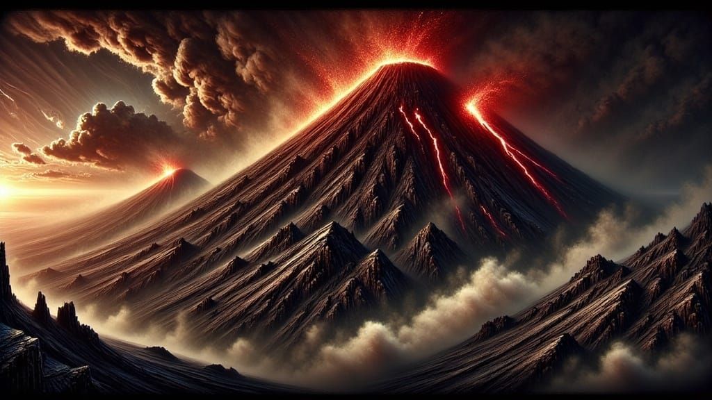 <lora:Dark Expressionism:1.5> An image of Mount Doom in Mordor, a haunting and unforgettable quality, very intricate, only color coming from...
