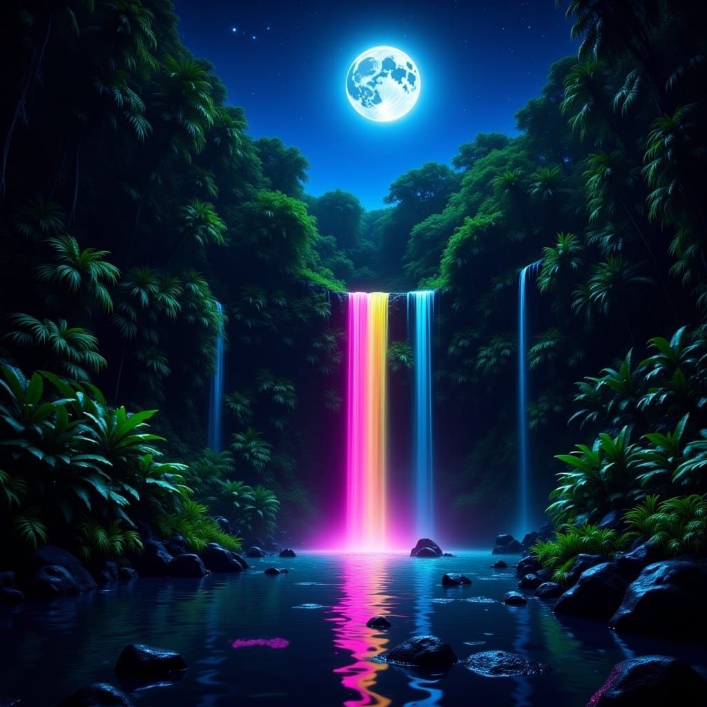 <lora:Mystical Fantasies:1.0> A colorful rainbow waterfall deep in the jungle.  The moon is shining overhead casting bioluminescent light on...