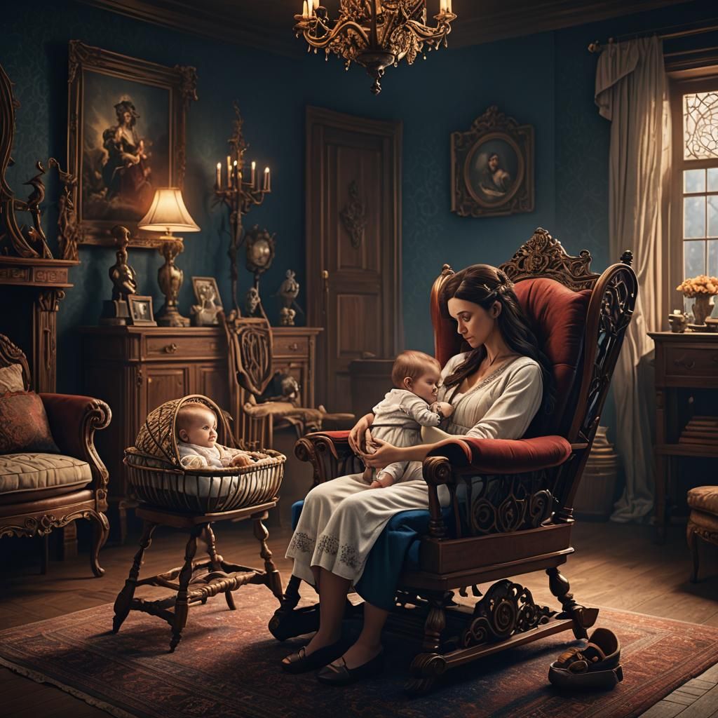 A mother holding baby sitting in chair with crib next to chair in