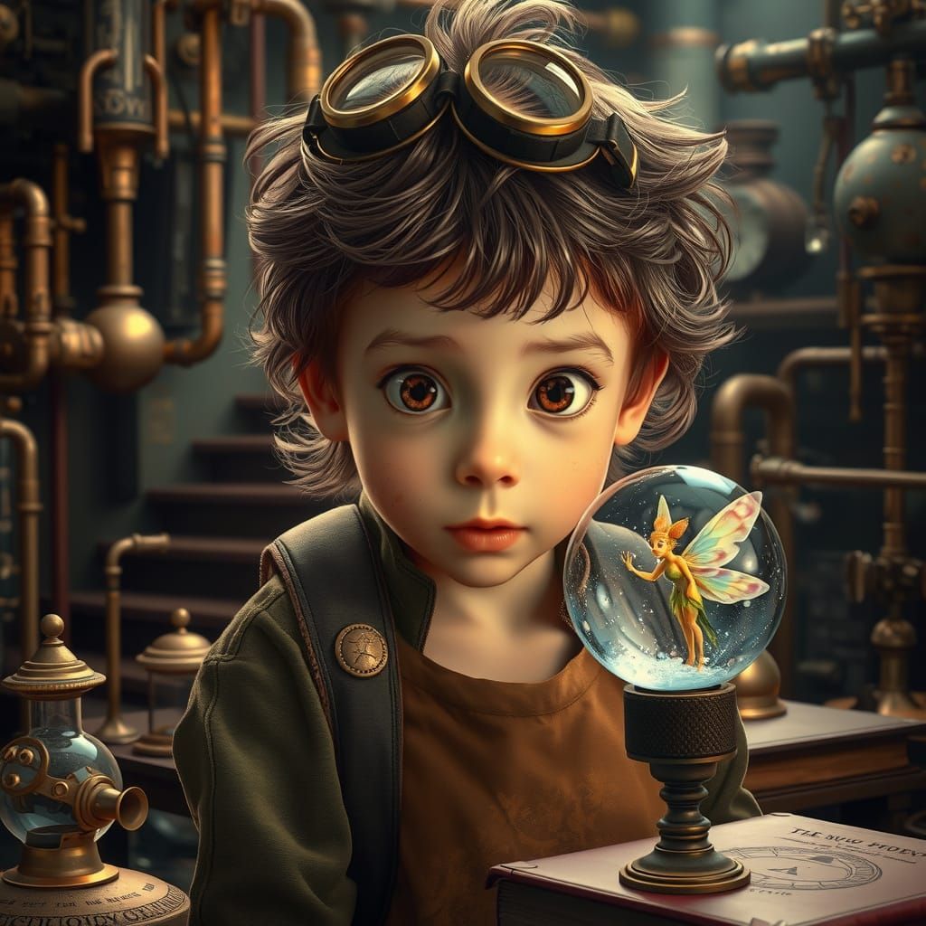 Steampunk Child Gazing at Iridescent Fairy in Cluttered Labo...