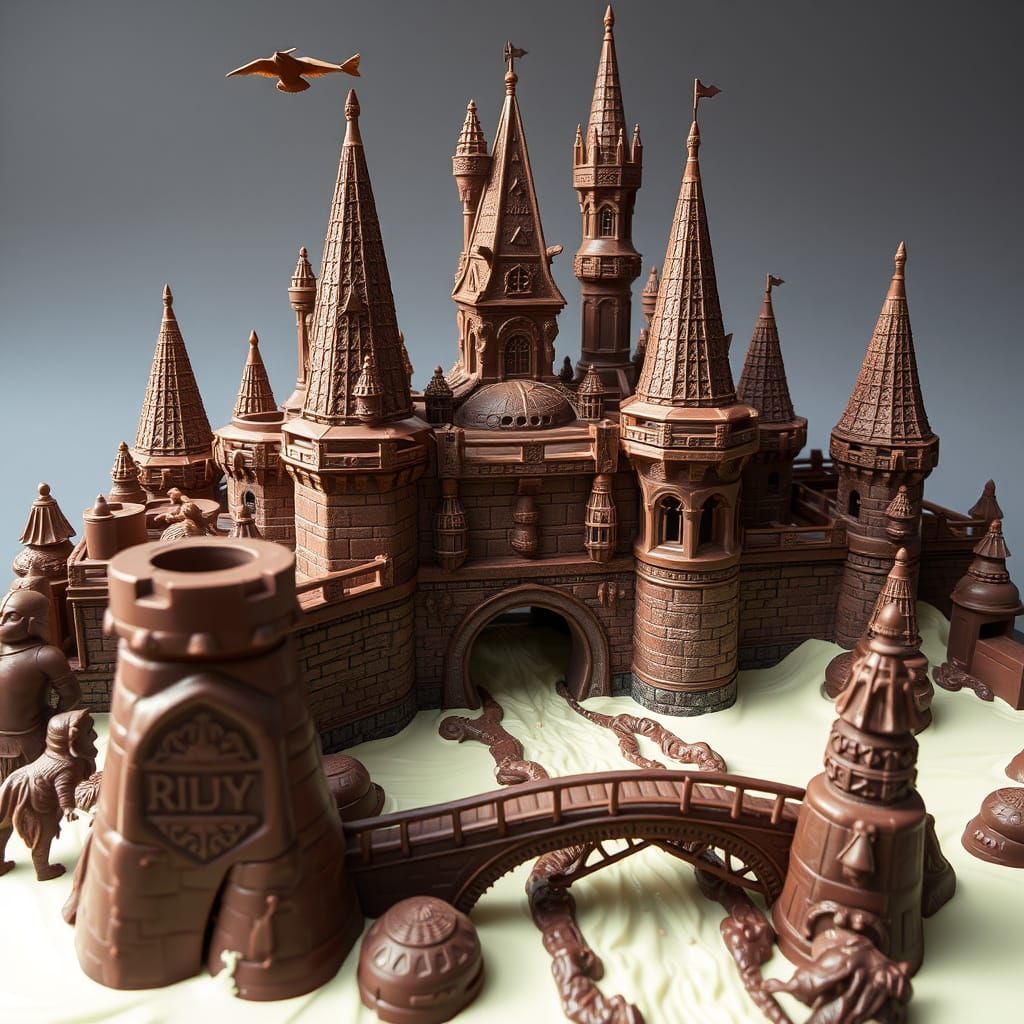 A highly detailed chocolate castle with a drawbridge that spans a mote filled with white chocolate.  by @Chippy