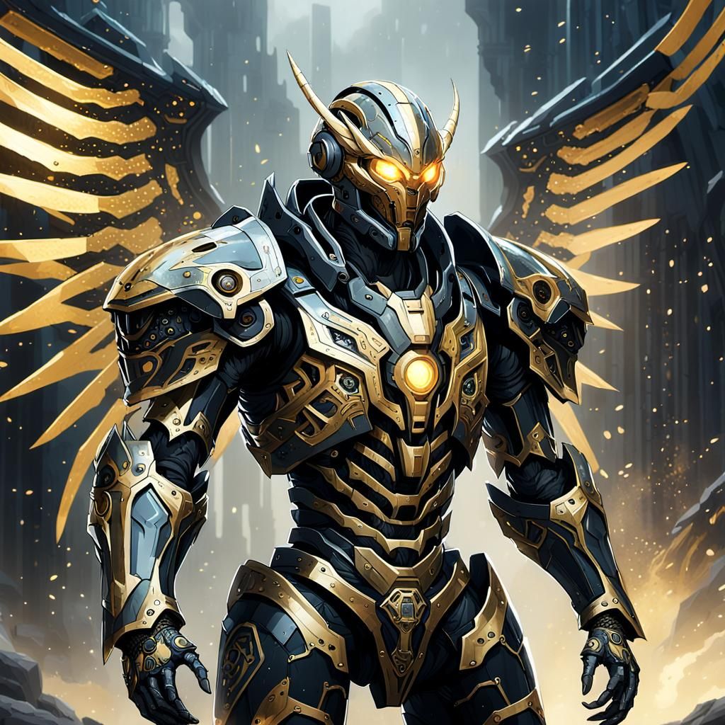 The humanoid figure is adorned in a striking black and gold color scheme, highlighted by luminous light patterns. Its shoulder armor is equi...