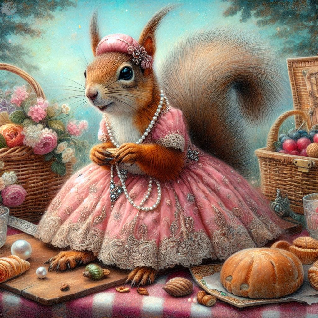 Pink Dress Squirrel on Picnic