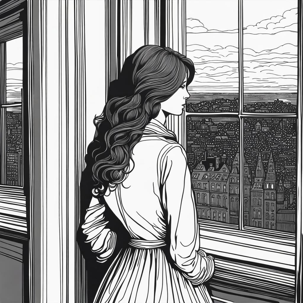 Portrait of a woman looking at the city lights through a window. Gustave Doré. Line art. minimalist. ...  by @josemromero