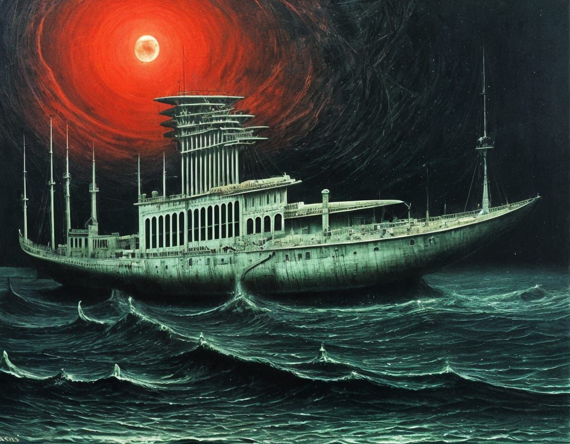 Barco fantasma en la noche.