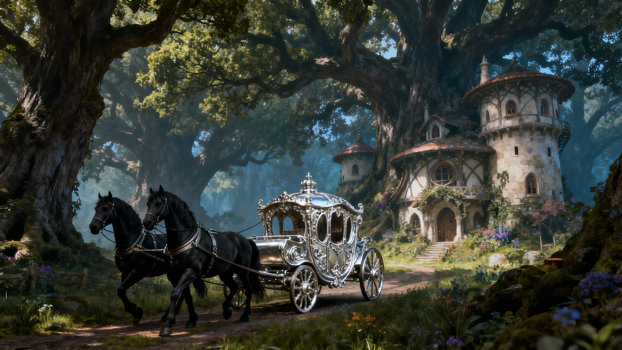  silver carriage and two black stallions