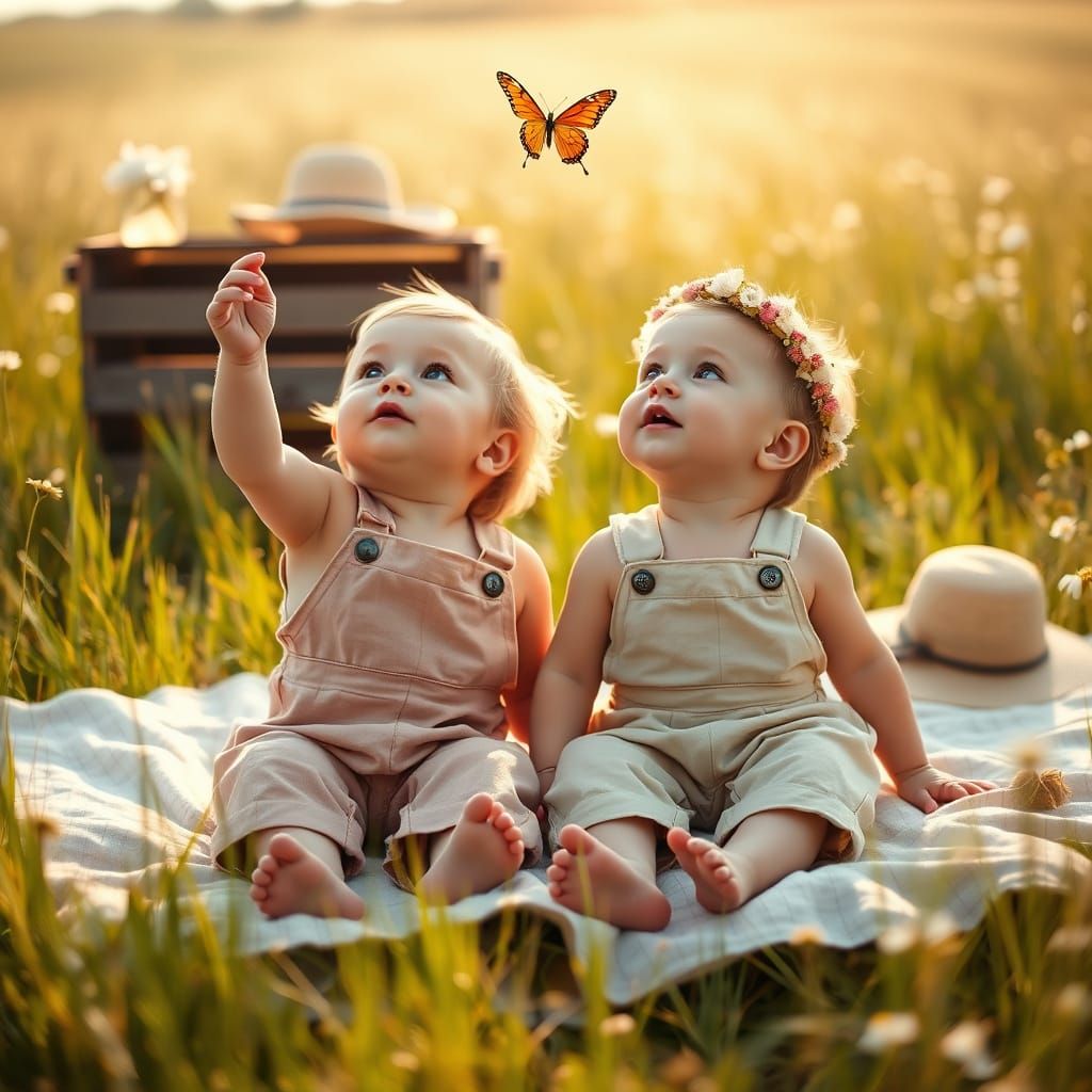 Twins in Meadow: A Nostalgic Childhood Picnic