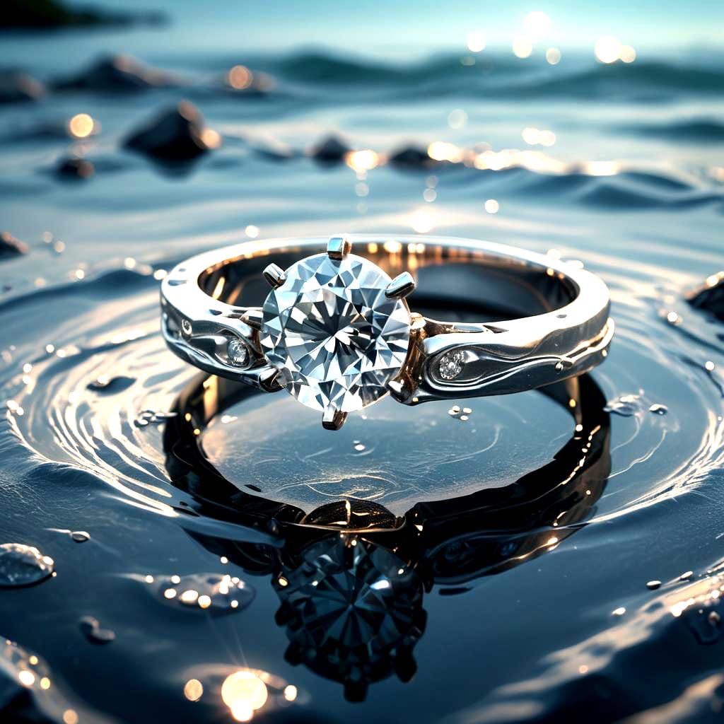 White gold ring with 4 prong single solitaire engagement with water effect on it 