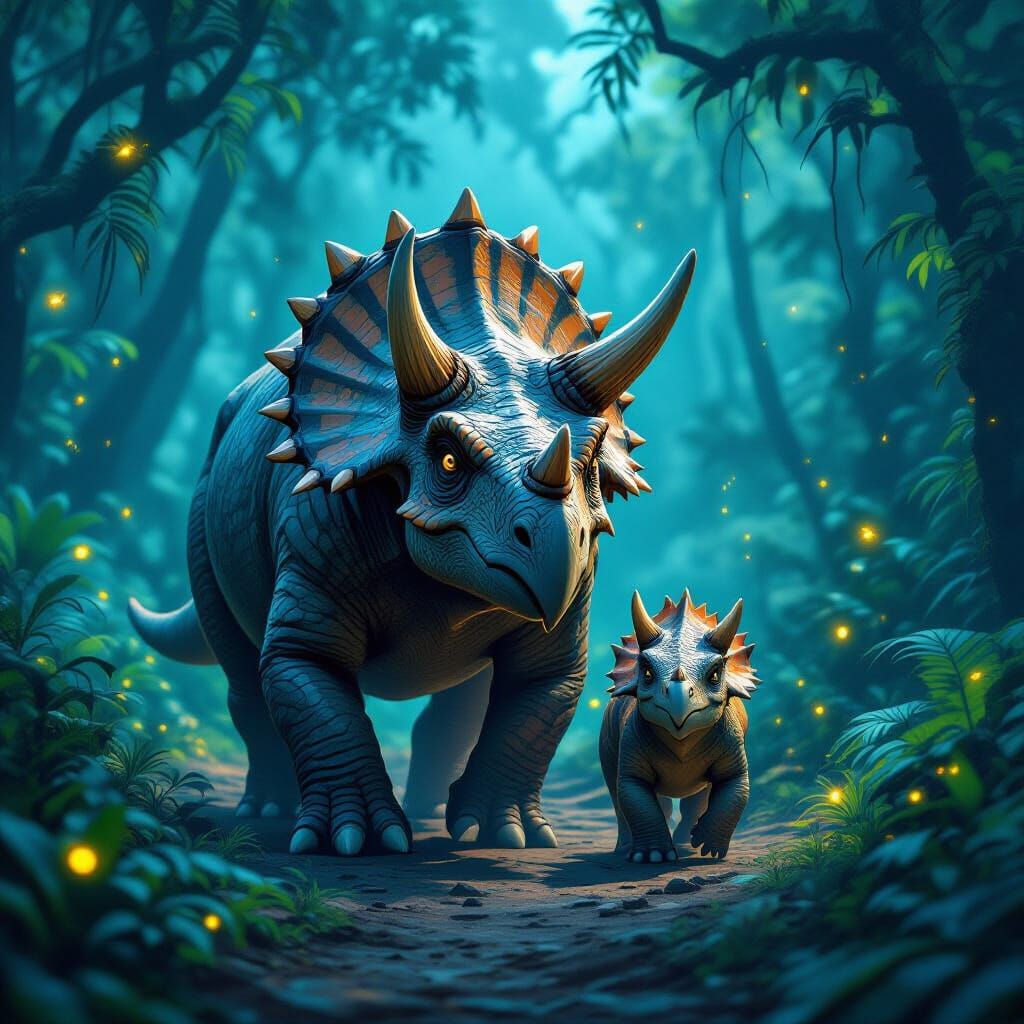 triceratops mother and her baby walking througha colorful lush jungle at night.  by @AimeeK