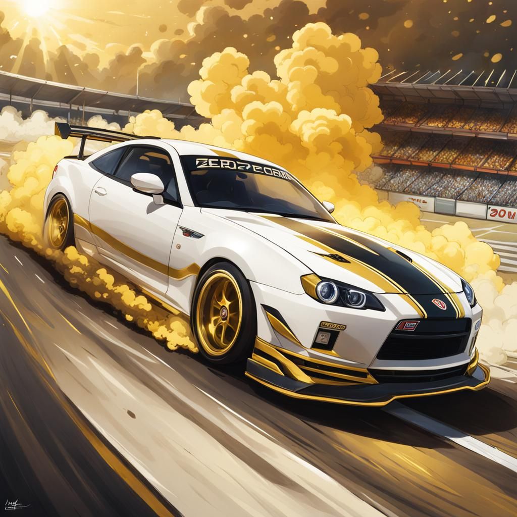 White And Gold car, drifting on a huge track with yellow smo...