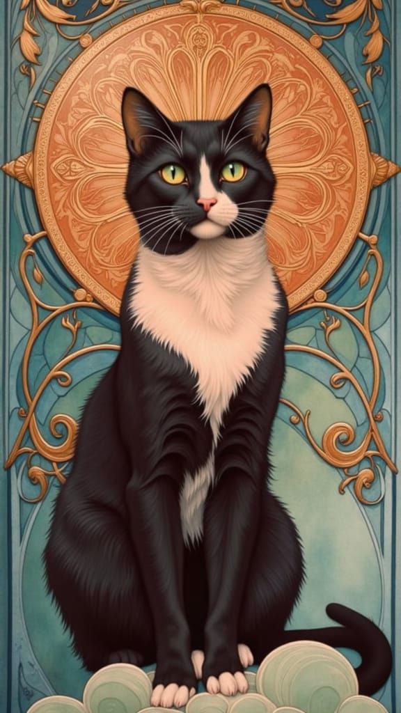 <lora:Catphonse Meowcha:1.0> Stylized full body image of a small black and white cat, highly detailed, painted in a watercolour painting sty...