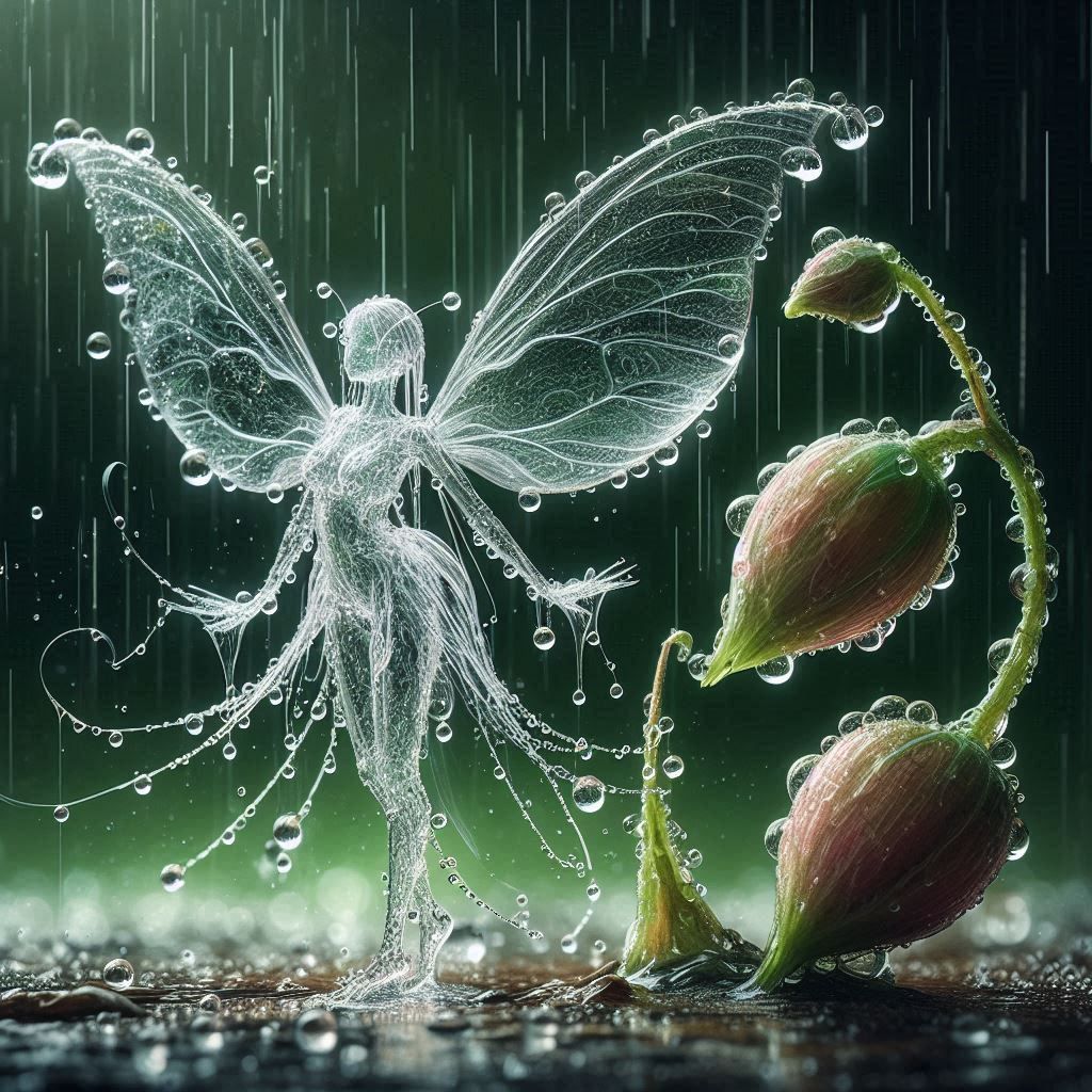 **"Zauberhafte Regenfee tanzt mit tropfenden Blüten in sanft...