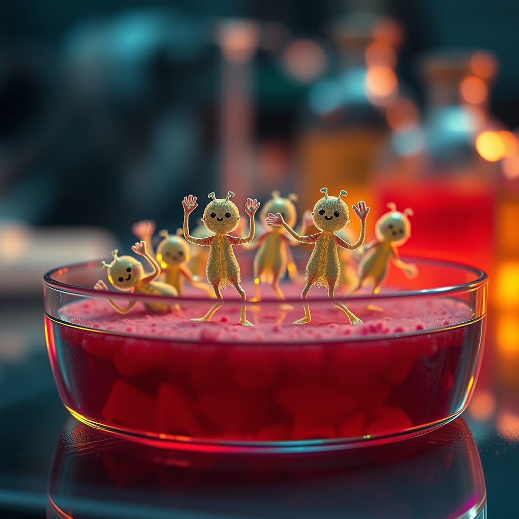 Photorealism, A group of cheerful microbes dansing across a petry dish
