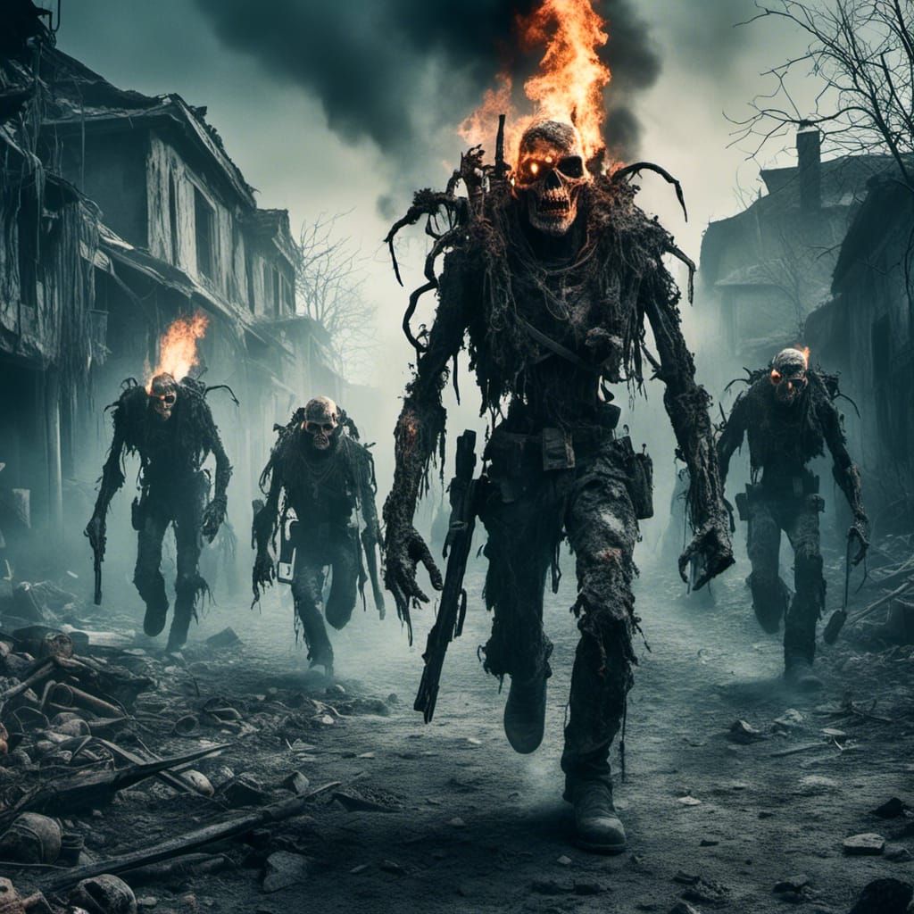 <lora:Eclipse:1.0> Zombie soldiers stride towards the camera through a burning postapocalyptic town