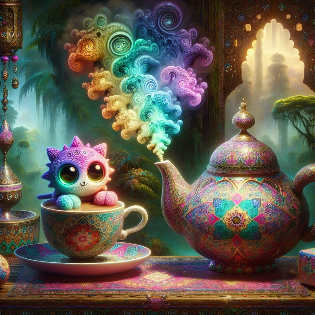 cute cup of tea with googly eyes witha thick smoke coming out of it, smoke of the cup of tea turns into fractals, cute M...