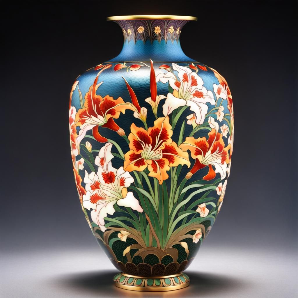 Full view intricate Japanese cloisonne vase containing beaut...
