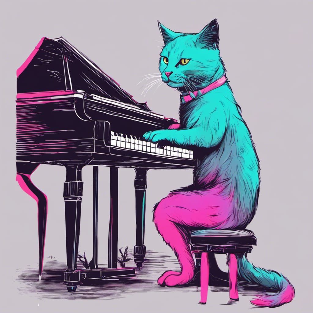 Cute neon cat playing piano - AI Generated Artwork - NightCafe Creator