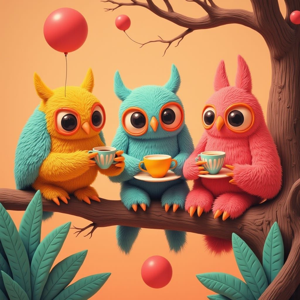 <lora:Pink Room Flux:1.0>
<lora:No Coffee 4 Androids:1.0>
3 cute colorful fluffy owls sitting on a branch. Surreal scene from a candid 70s T...