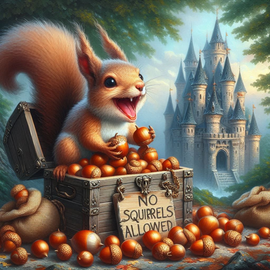Mischievous squirrel with an open chest of acorns,