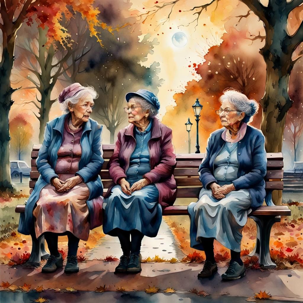 Three old ladies on a park bench  by @Hogweed