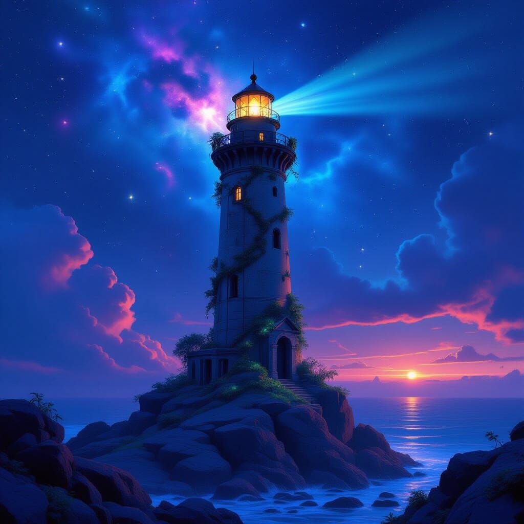 A colossal, ancient lighthouse stands on a rocky outcrop, its beam cutting through a nebula-filled sky. Vines and bioluminescent flora have ...