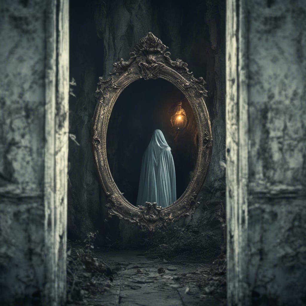 <lora:MJ6 Nightmare:1.0> an eerie depiction of a spectral figure emerging from an old mirror, hyperrealistic, photorealistic, by photographe...