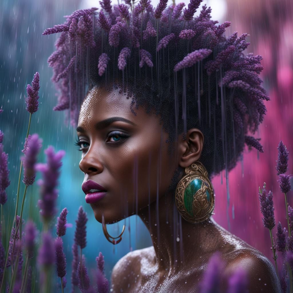 lavender, magenta, blue, green. black woman's face. Mirror i...
