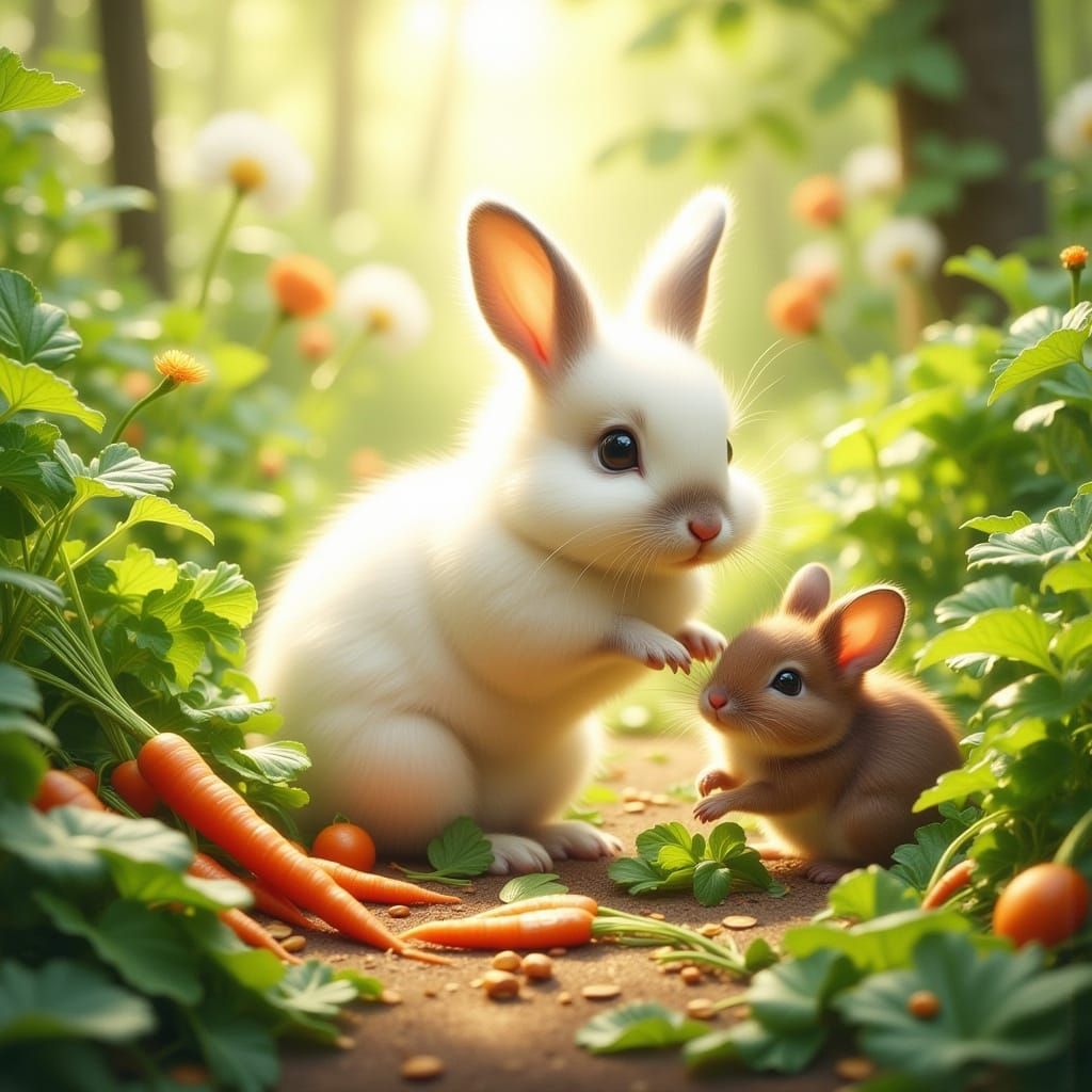 Fluffy Rabbit and Mouse in Sunlit Garden