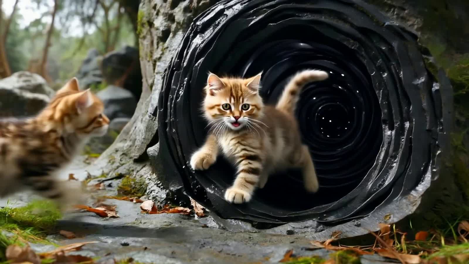 a cat trying to exscape from a black hole and another cat is trying to help to