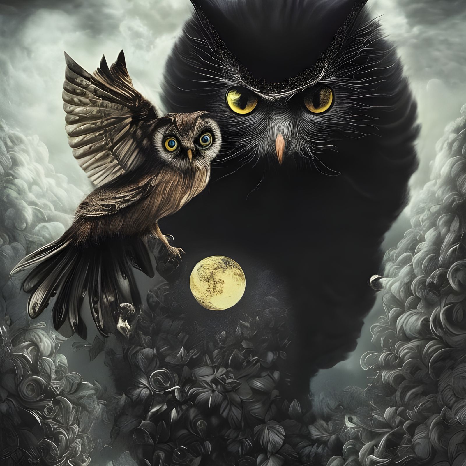 Somehow my black cat turned into an owl so…. Owl Cat and Owl… AI