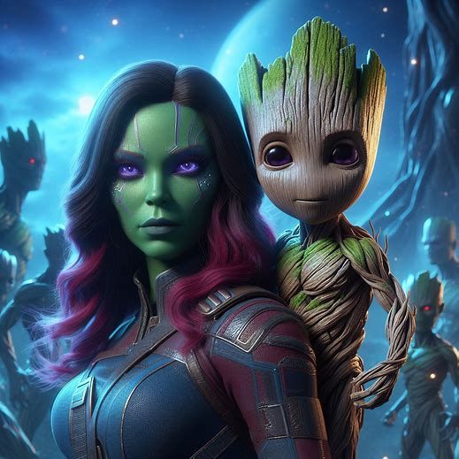 Gamora and baby Groot
