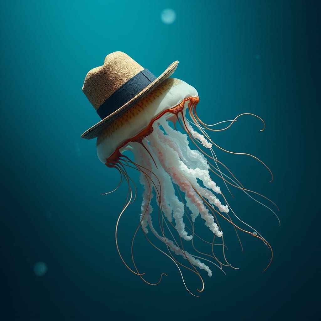 A dapper jellyfish with a very nice hat drifting through the...