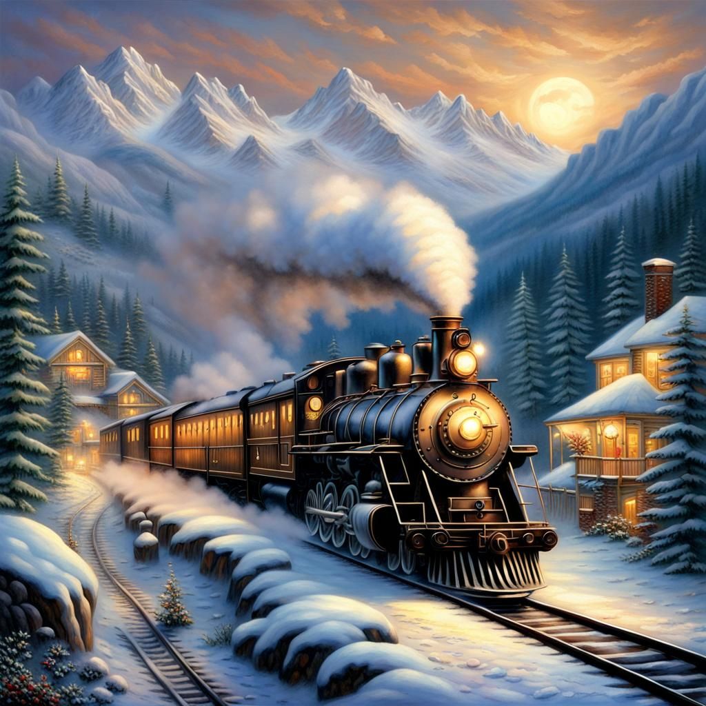A steam powered train running through Snow covered mountains at night   by @Mommakuma