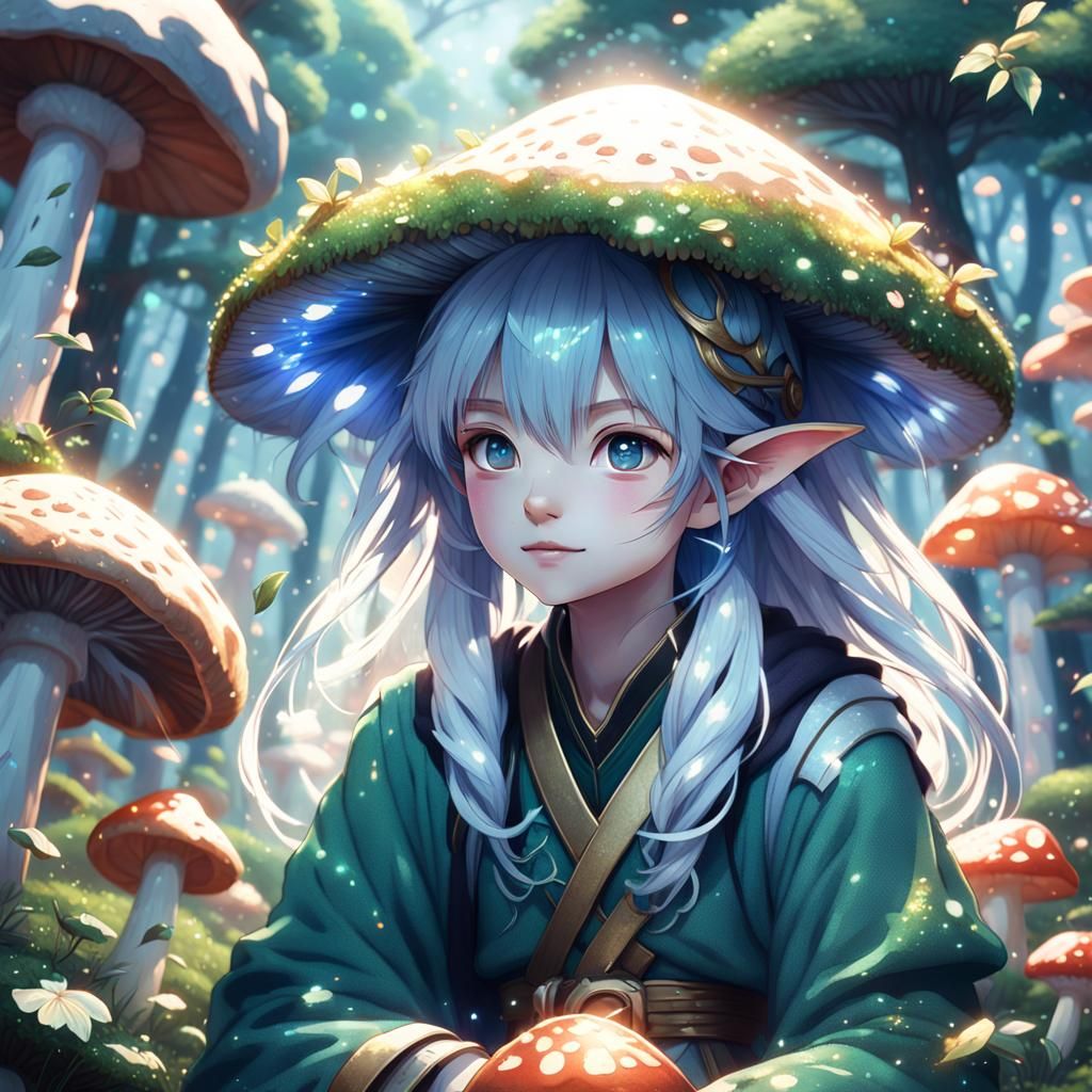 Anime Fairy on Mushrooms in Pointillism Style