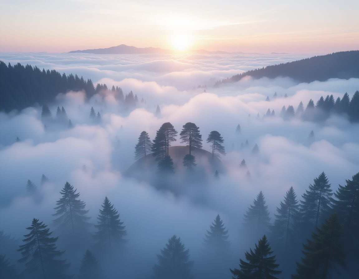 A surreal landscape where a forest is submerged in an ocean of thick, luminous fog. Trees emerge like ...  by @Mthatha CHUMA 