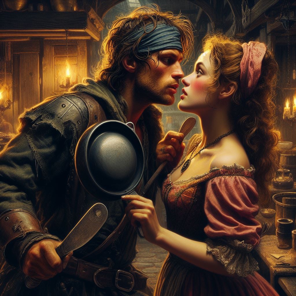 He brandished a butter knife, and was too handsome to be a thief. Suspiciously, she grabbed not just the frying pan, but...