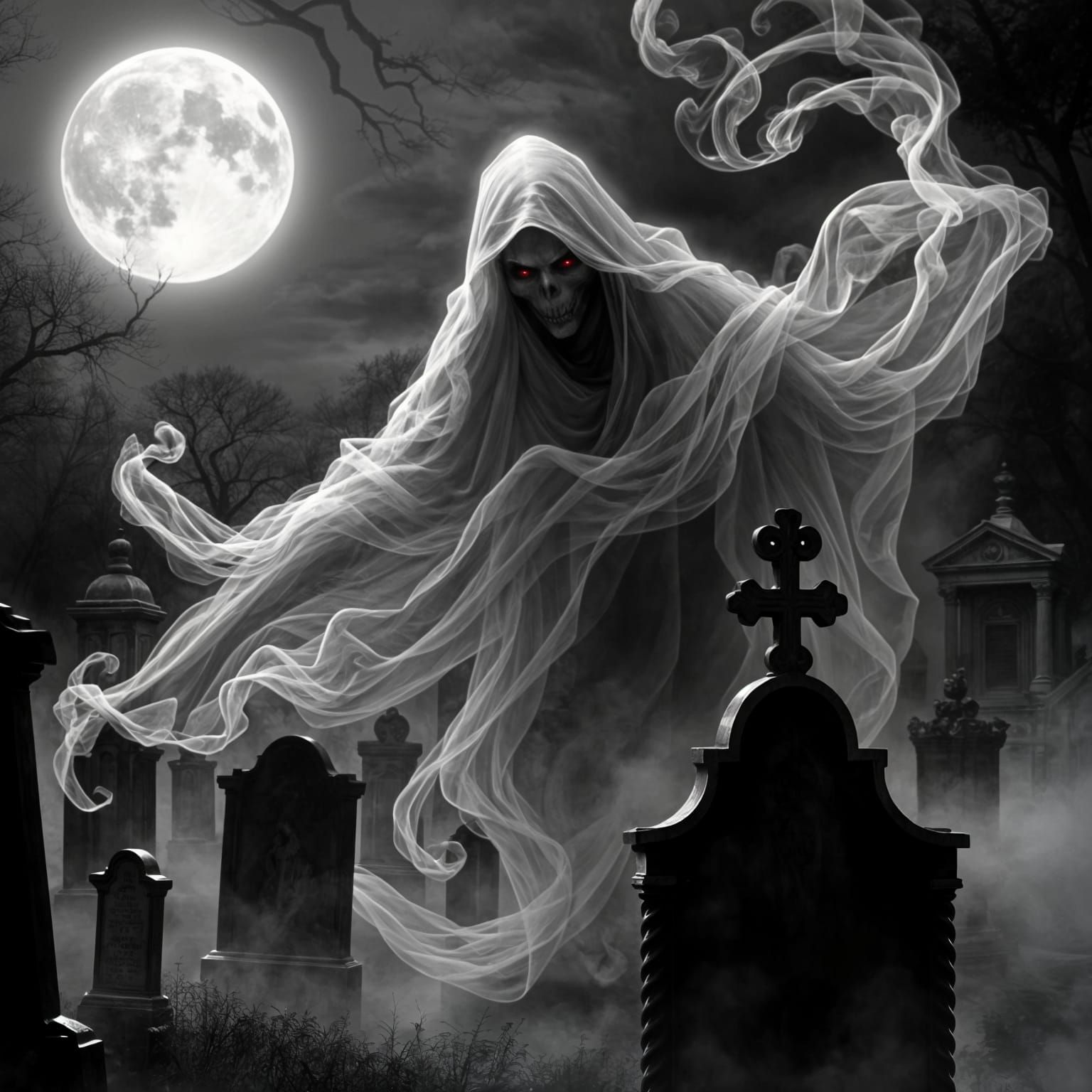 Creepy spectral ethereal hazy dreamy ghost. Hollowed red eyes, sharp teeth. Smoke swirls, haze,  19th ...  by @Dobiki