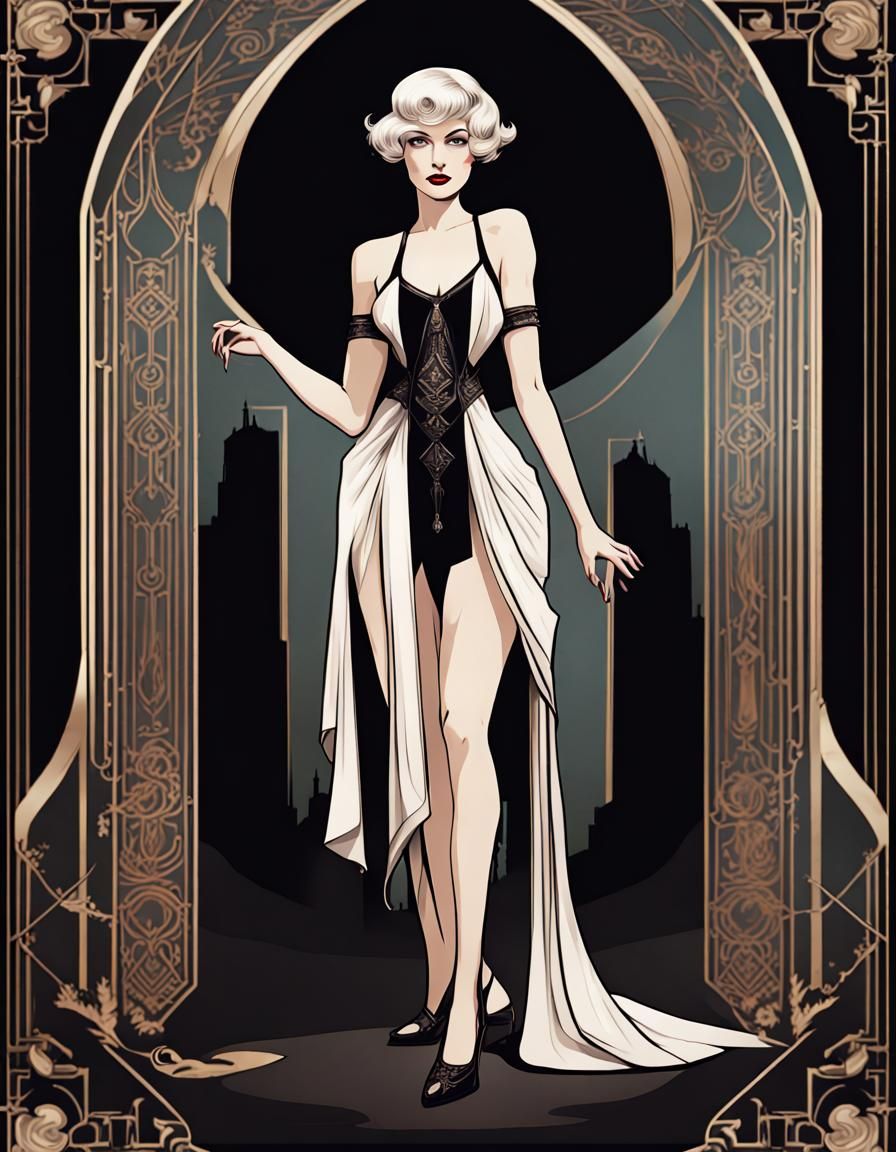 An ornate art deco gothic full body shot of a cute pin-up be...