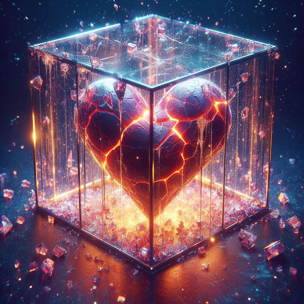 Broken heart in a glass box