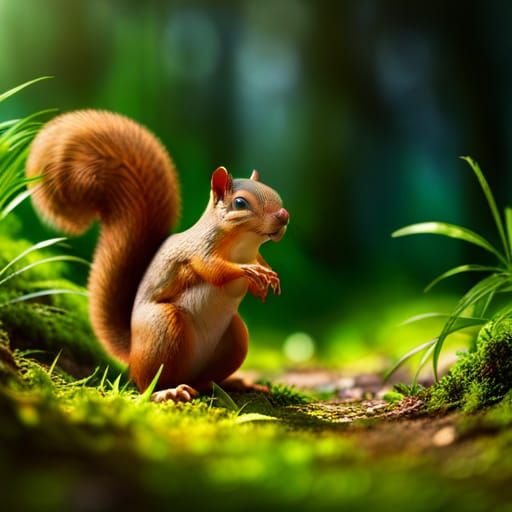a diorama of on squirel lovely curious  running in a spring forest  outdoor lights  dust time technocilors colors 8k insanely detailed hyper...