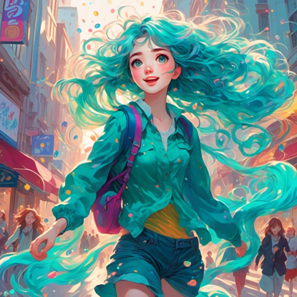 <lora:Soft Anime:1.0> Jelly Style Softly Airbrushed Anime of a woman with long flowing teal hair running down a crowded street