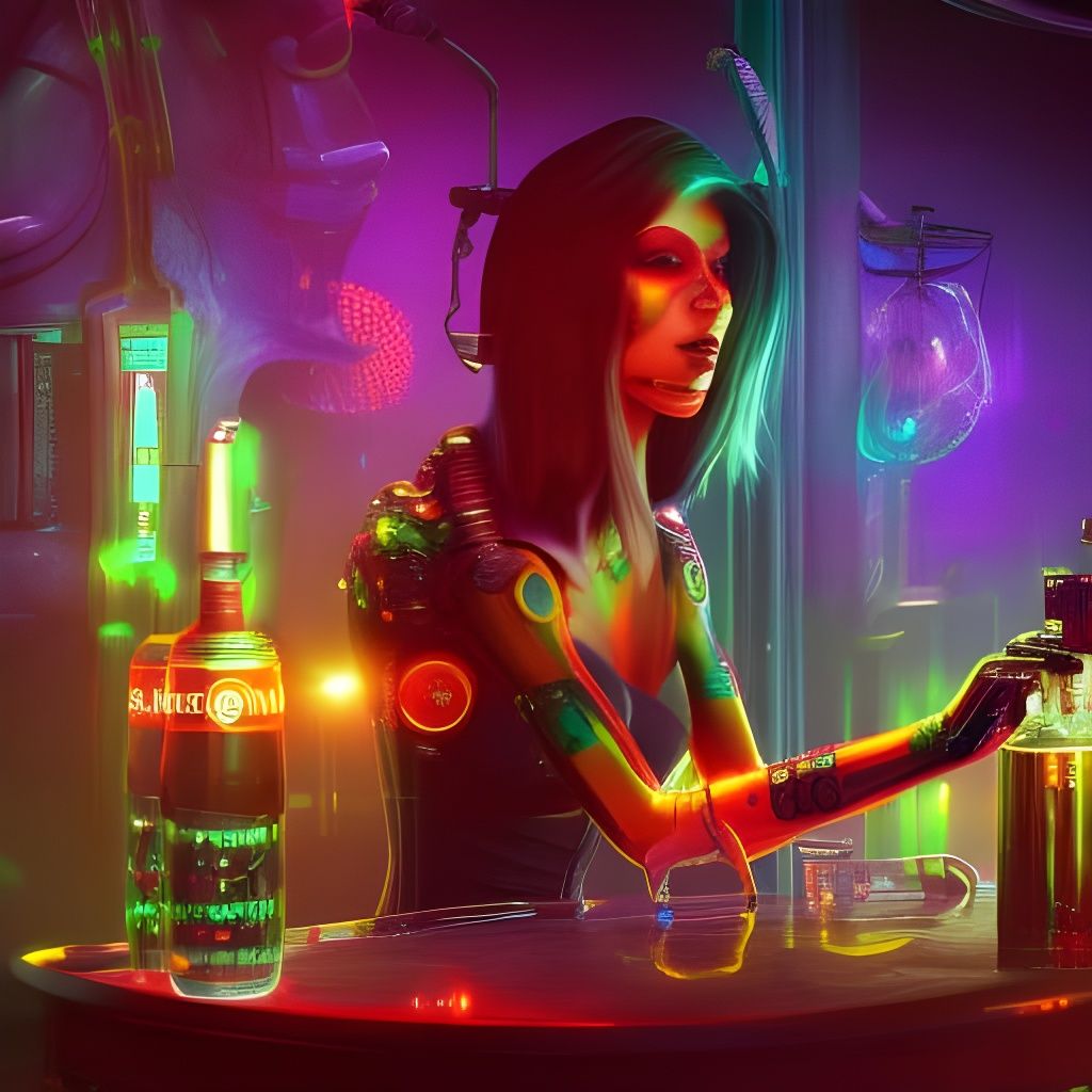 Cyborg bartender serving psychedelics