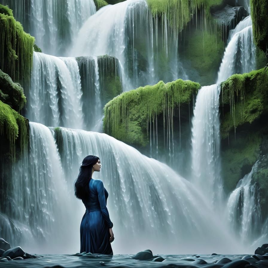 <lora:Photo Capture NSv3:1.0> Waterfall in Amazon forest, night, Moon, beautiful girl blackhaired in water. noctilucent fauvism photorealism