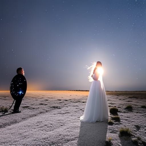 Dramatic Meteor Shower Scene with Angel and Panther