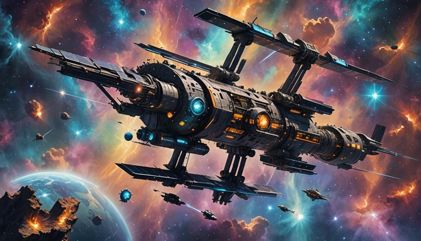 A futuristic digital rendering of a space station orbiting a...