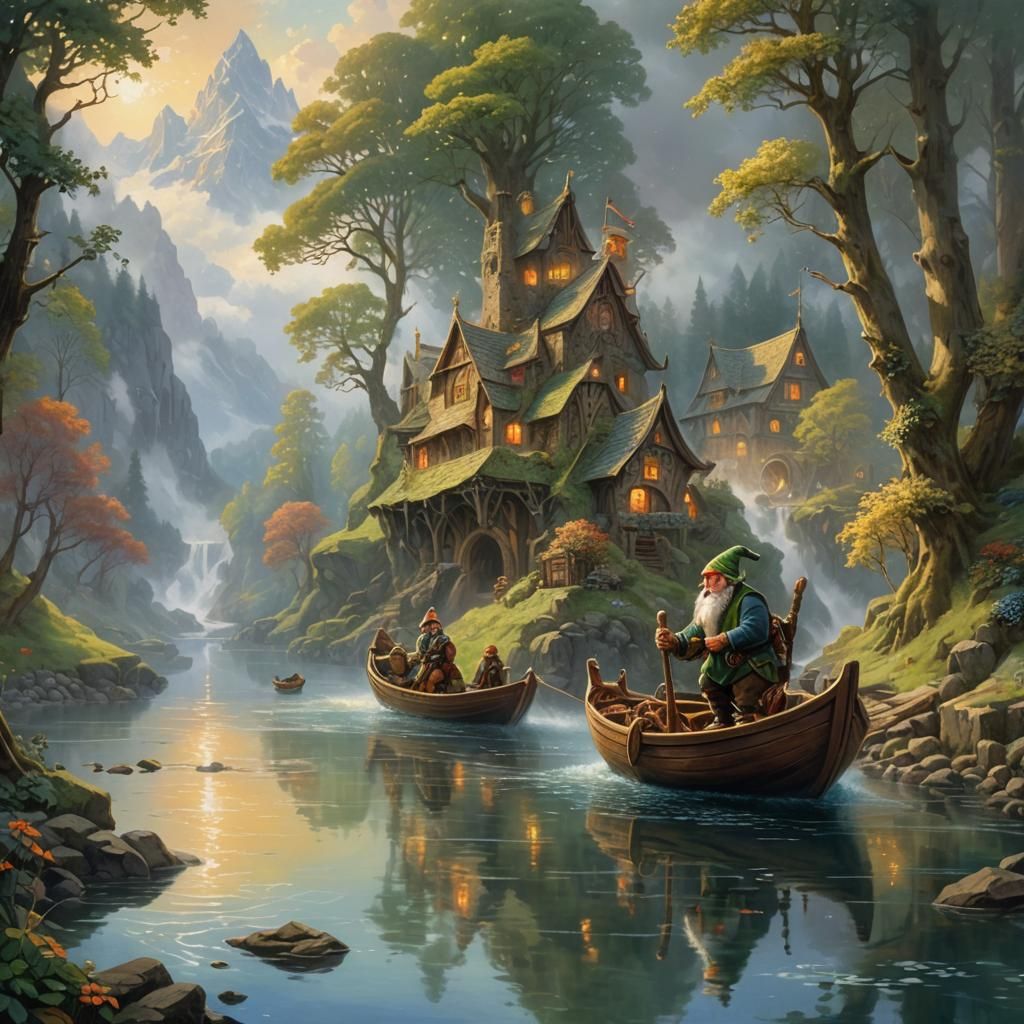 Dwarf and Elf on a boat on the Anduin River. gouache detaile...