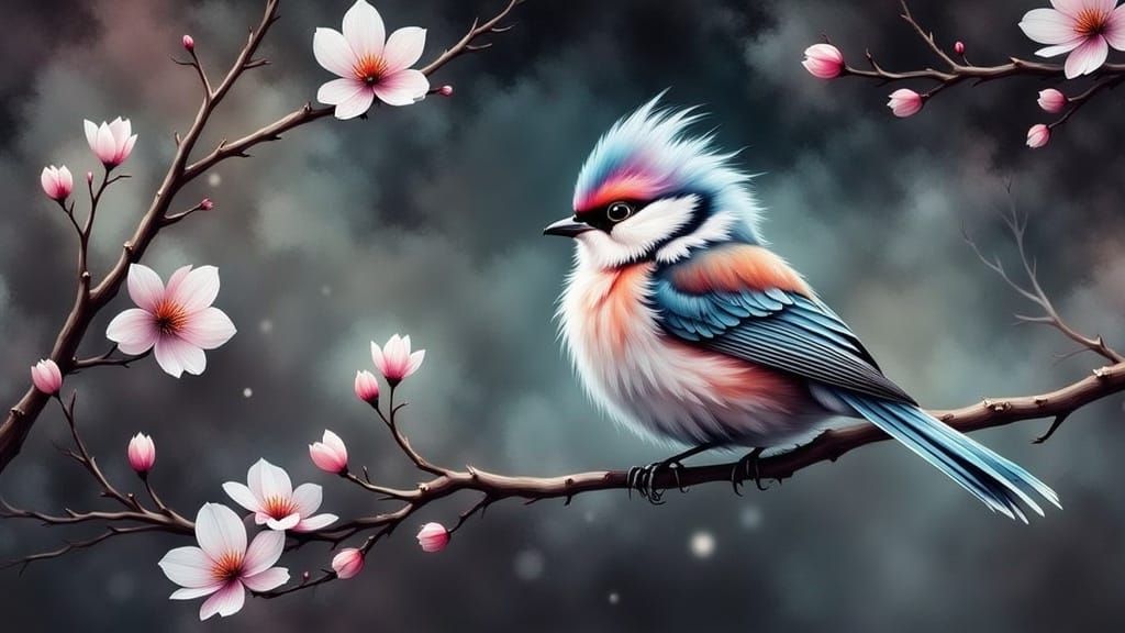 Wispy, <lora:FluxWispy:1.0> Digital painting featuring a cute fluffy bird in flowering tree branch, tree branch enveloped in a subtle mist,...